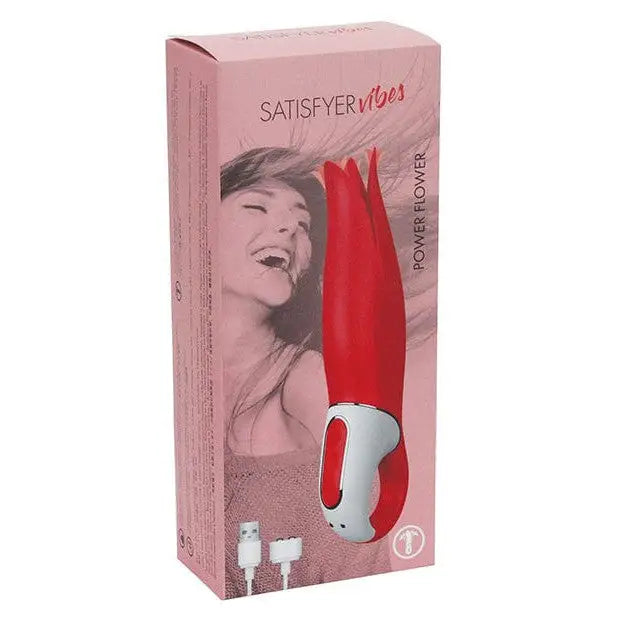 Close-up of a box with Satisfyer Vibes Power Flower - Red, highlighting the red and white device