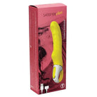 Close-up of yellow and pink Satisfyer Vibes Yummy Sunshine sex toy in packaging