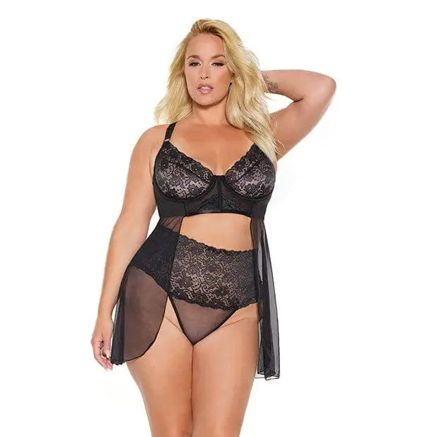 Coquette Babydoll 3x/4x Scallop Stretch Lace & Sheer Mesh Babydoll & High Waist Thong Black at the Haus of Shag