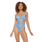 Scallop Stretch Lace & Sheer Mesh Teddy W/front V Cut Out Blue - Teddy