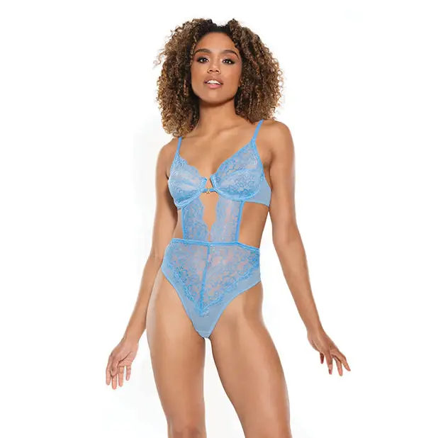 Scallop Stretch Lace & Sheer Mesh Teddy W/front V Cut Out Blue - Teddy