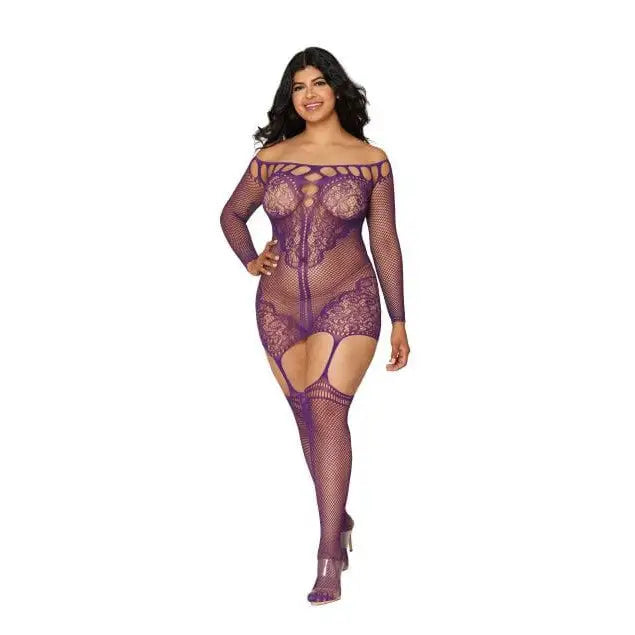 Scalloped lace garter dress with fishnet bodysuit, cutout details, and attached stockings