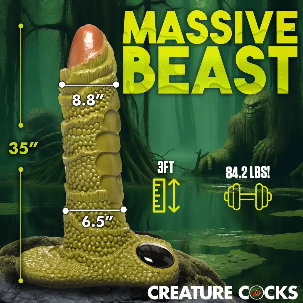 Green textured Scaly Swamp Monster 3 Foot Giant Dildo with suction cup base and measurements