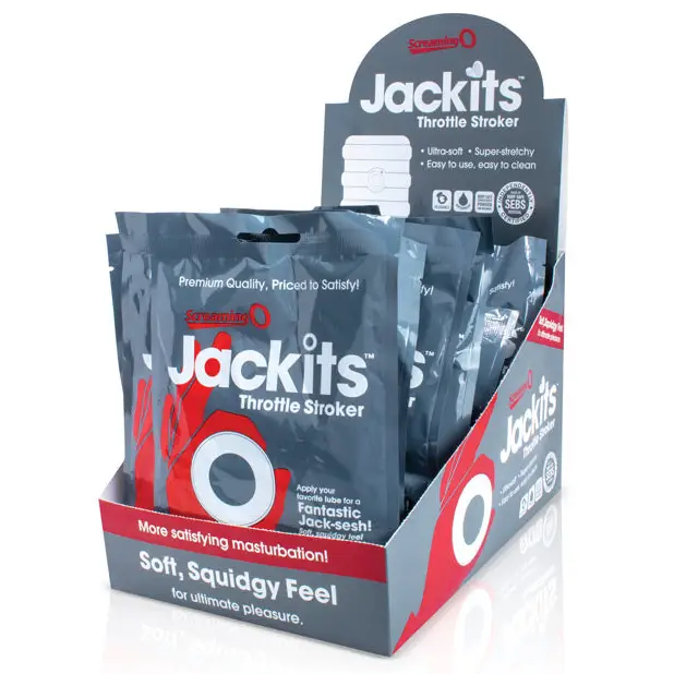 Display box of Screaming O Jackits Throttle Stroker packages, ultra soft and body safe SEBS