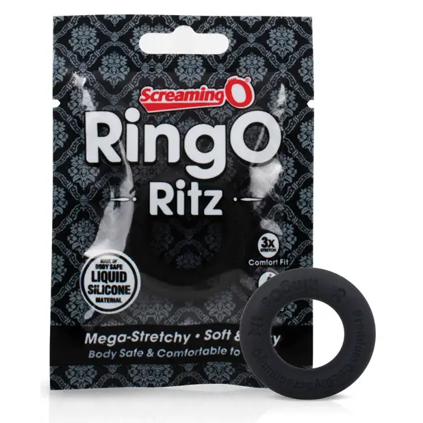 Close-up of black Screaming O RingO Ritz, featuring a sleek black rubber ring