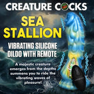 Poster of a woman in a blue dress for Sea Stallion Dildo with battery operated remote