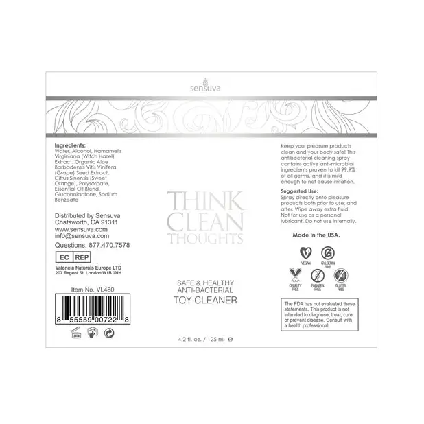 Close up of Sensuva Think Clean Thoughts Anti-Bacterial Toy Cleaner 4.2 oz label