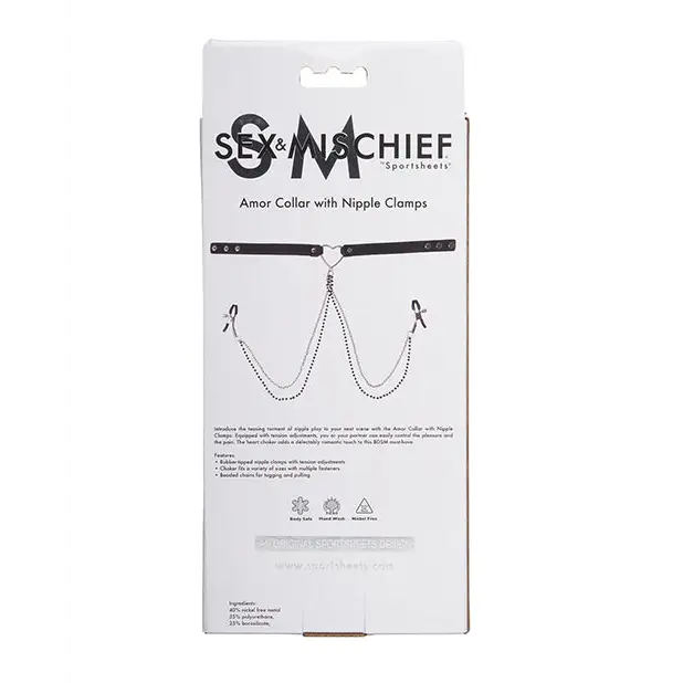 Sex & Mischief Amor Adjustable Collar with Nipple Clamps in white retail box