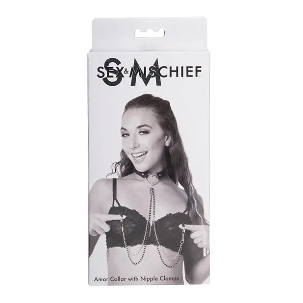 Product packaging for ’Sex & Mischief Amor Adjustable Collar with Nipple Clamps’