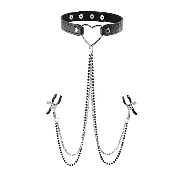 Sex & Mischief Amor Adjustable Collar with attached nipple clamps and heart-shaped ring