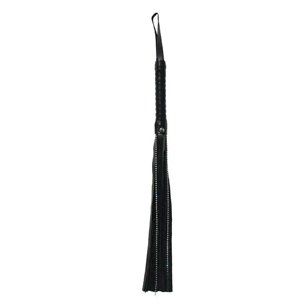 Sex & Mischief Crystal Whip: Black leather riding crop with braided handle and tasseled end