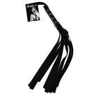 Black leather flogger with multiple tails and a provocative handle; Mischief Jeweled Flogger