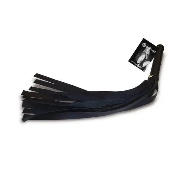 Black leather mischief mini flogger with multiple tails and a curved handle