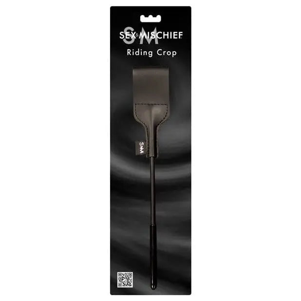 Sex & Mischief riding crop with leather flap and long handle in dark retail packaging