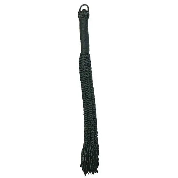 Sex & Mischief Shadow Rope Flogger - black leather, braided tails, wrapped handle