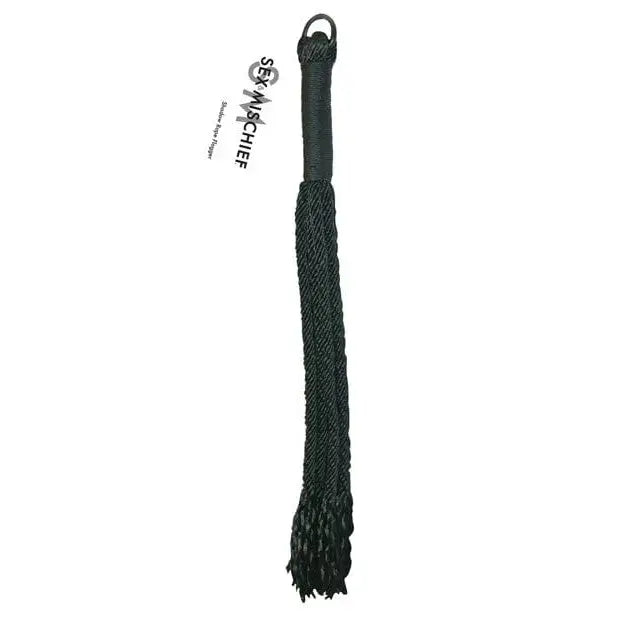 Sex & Mischief Shadow Rope Flogger: Black leather flogger with braided handle & multiple tails