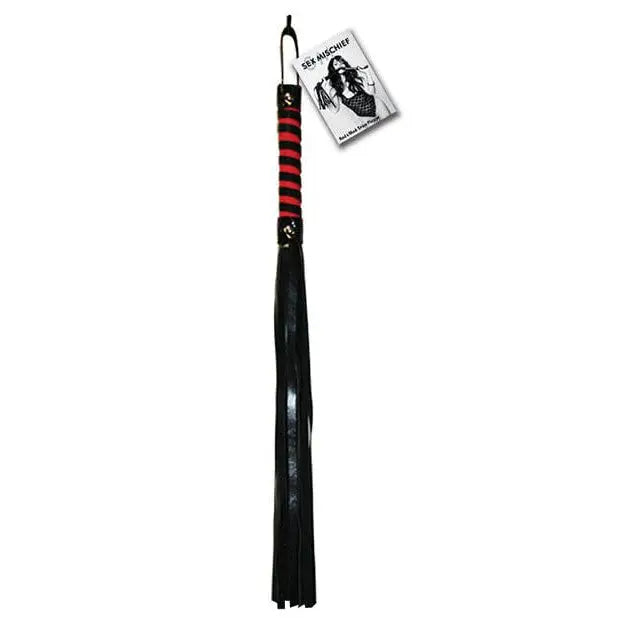 Sex & Mischief Stripe Flogger - black leather, red handle, product tag attached