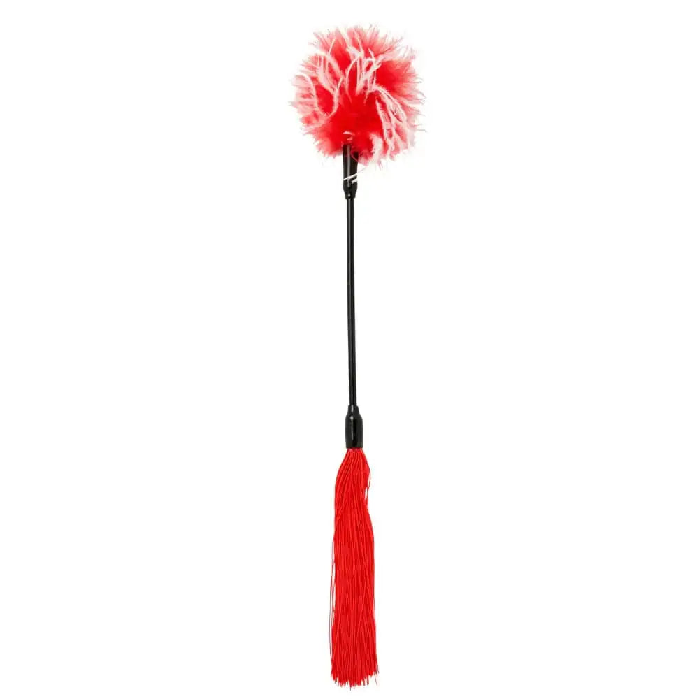 Sex & Mischief Whip & Tickle: Red feather duster with black handle and tassel