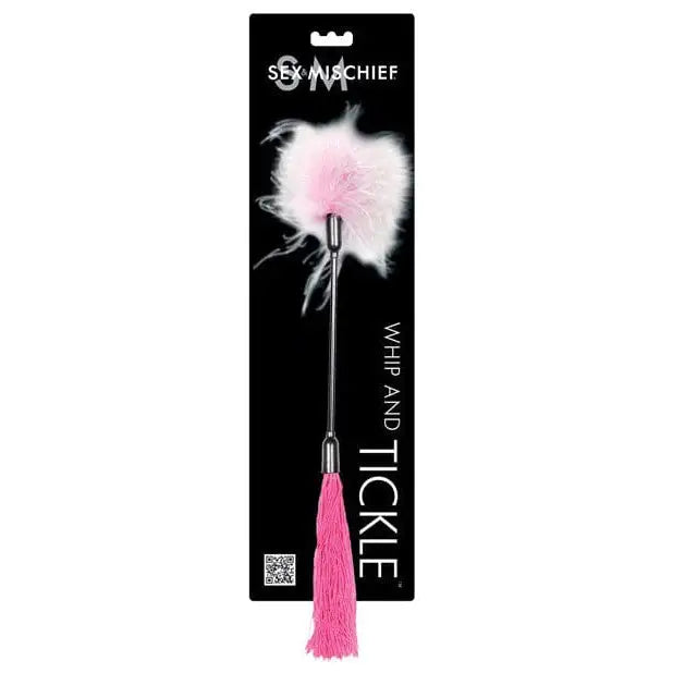 Sex & Mischief Whip & Tickle: Pink feathered tickle toy with metal handle for adult play