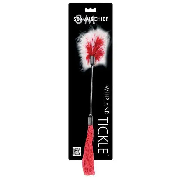 Feathered mischief whip and tickle tool with metal handle and red tassels for playful fun