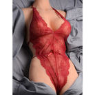 Woman in red lingerie on bed with Diana Ultra Lifelike Full Size Mega Sex Doll