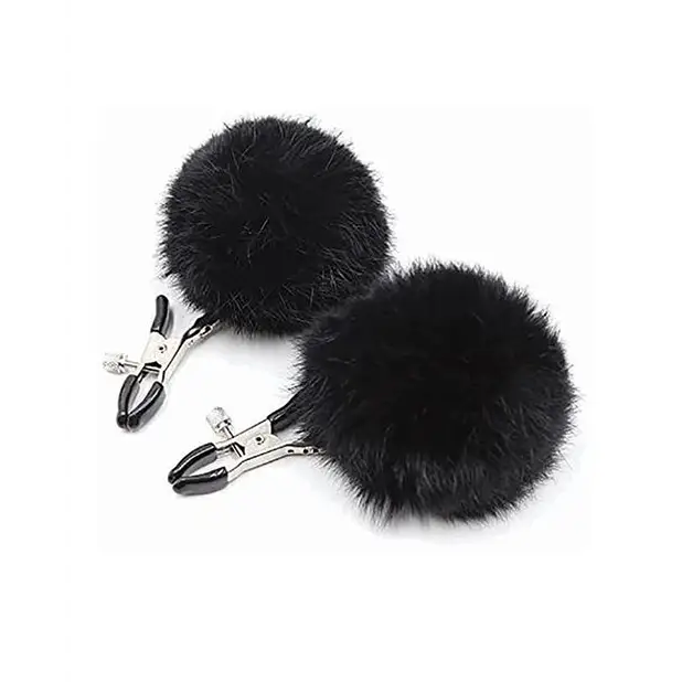 Sexy AF Nipple Clamps with Puff Balls - Black - Nipple Clamp