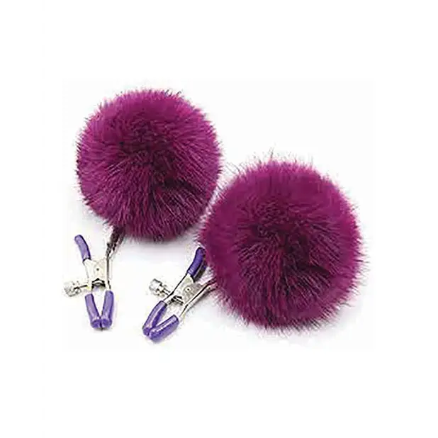 Sexy AF Nipple Clamps with Puff Balls - Purple - Nipple Clamp