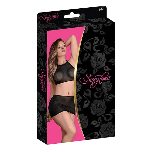 Sexy Time Courtney Polka Dot Mesh Halter & Skirt Black - Lingerie Set