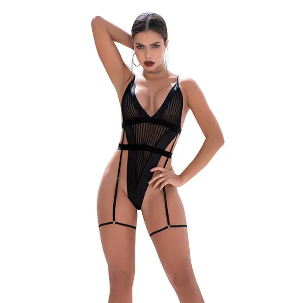 Shadow Panel Bodysuit W/hook & Eye Crotch Closure & Attached Garters Black - S/m - Bodysuit