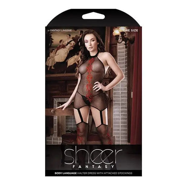 Fantasy Lingerie Dress Sheer Body Language Halter Dress W/attached Stockings & Red Floral Design Black O/s at the Haus of Shag