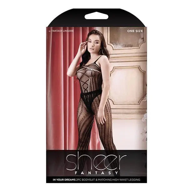 Fantasy Lingerie Bodysuit Sheer In Your Dreams Bodysuit & High Waist Legging Black O/s at the Haus of Shag