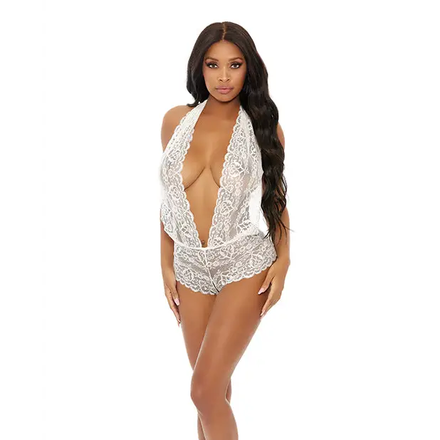 Sheer Lace Deep V Halter Bodysuit W/open Crotch - White / Extra Large - Bodysuit