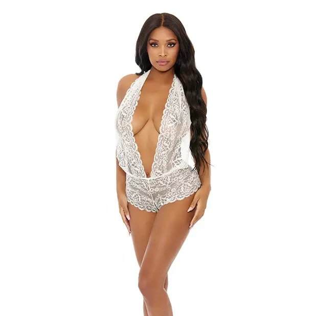 Sheer Lace Deep V Halter Bodysuit W/open Crotch - White / Large - Bodysuit