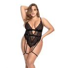 Woman wearing Sheer Mesh Animal Pattern Lace Teddy w/ garter belt & adjustable crotch closure