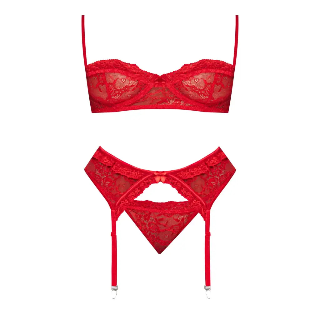 Magic Silk Lingerie Lingerie Set Sheer Mesh Bra Garter Belt & Panty Set Red at the Haus of Shag