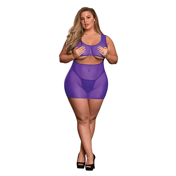 Sheer Mesh Underboob Dress & Crotchless G-string Qn - Purple - Lingerie Set