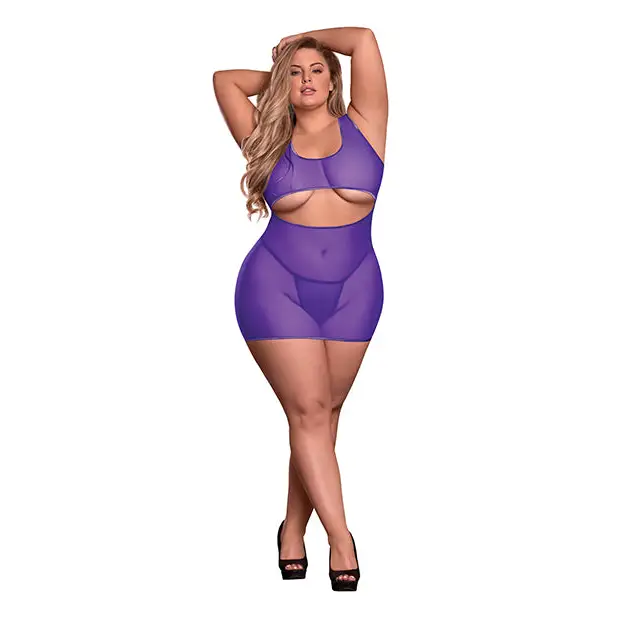 Sheer Mesh Underboob Dress & Crotchless G-string Qn - Purple - Lingerie Set