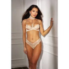 Woman in beige stretch lace collard lingerie from Shirley of Hollywood ’Absolutely Beautiful’