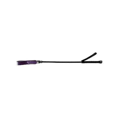 Short riding crop with a purple leather loop handle and black shaft - 20’ slim tip