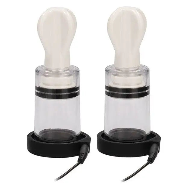 Pair of Shots Electroshock Nipple Suckers with clear bottles and white suction cups