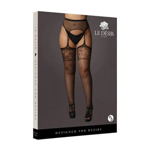 Shots Le Desir Garter Belt Stockings with Lace Top Black Queen Size - Stockings With Garter