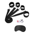 Shots Ouch Bed Restraint System - Black straps, cuffs, blindfold, and dice for bedroom fun