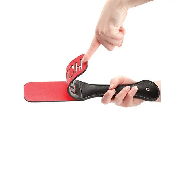 Shots Ouch Bitch Paddle - Black - Red and black spanking paddle with cutout letters