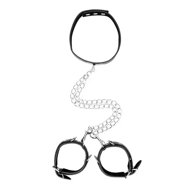 Shots America Bondage Blindfolds & Restraints Shots Ouch Black & White Bonded Leather Collar W/hand Cuffs - Black at the Haus of Shag