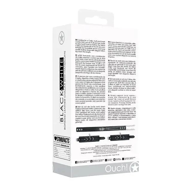 Product packaging for Shots Ouch Black & White Bonded Leather Collar with Hand Cuffs