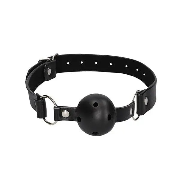 Shots Ouch black leather collar with breathable ball gag and nipple clamps