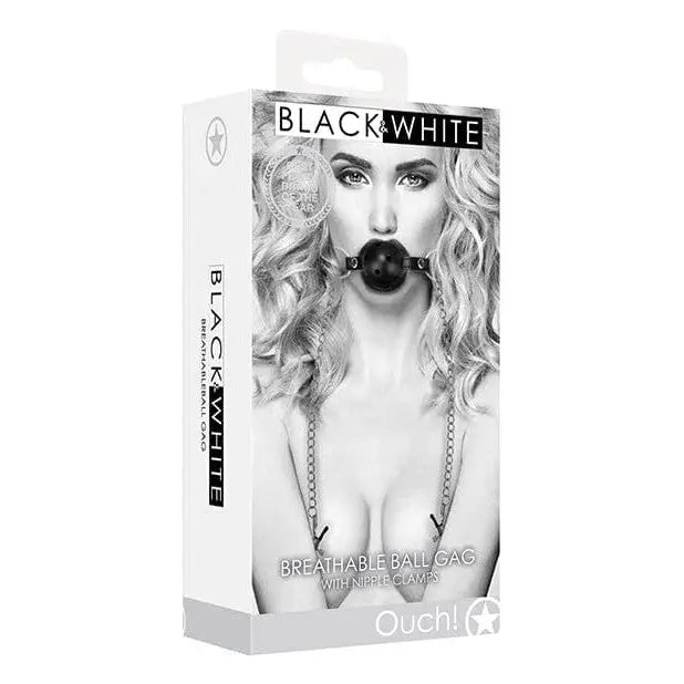 Shots America Bondage Blindfolds & Restraints Shots Ouch Black & White Breathable Ball Gag W/nipple Clamps - Black at the Haus of Shag