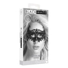 Packaging for Shots Ouch Black & White Lace Eye Mask featuring a woman in a detailed mask