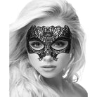 Woman wearing Shots Ouch Black & White Lace Eye Mask, intricate black lace, blonde hair