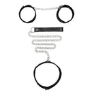 Velcro collar and handcuffs set by Shots Ouch Black connected with a leash chain